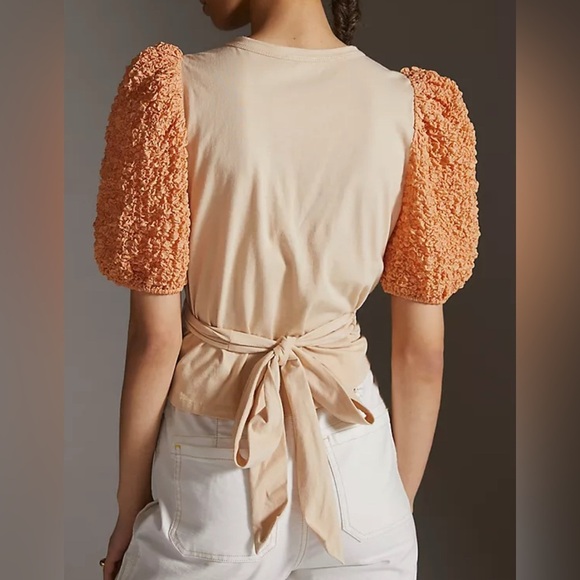 NEWAnthropologie current air contrast puff sleeves tie top white Medium - Picture 4 of 8